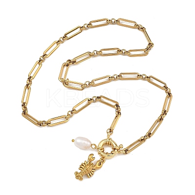 Ocean 304 Stainless Steel Lobster and Natural Pearl Bead Pendant Figaro Chain Necklaces for Women NJEW-JN06326-1
