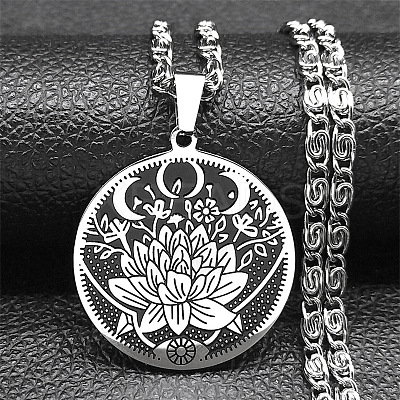 201 Stainless Steel Lunar Lotus Talisman Pendant Necklaces NJEW-S007-21P-1