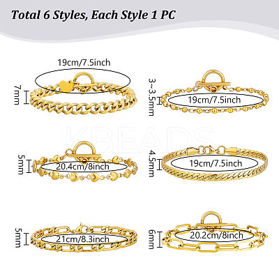 6Pcs 6 Styles Stainless Steel Chain Bracelets Kits BJEW-PH0004-47-1