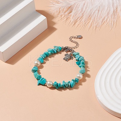 Synthetic Turquoise(Dyed) Chips & Imitation Pearl Beaded Bracelet with Alloy Turtle Charm BJEW-TA00145-1