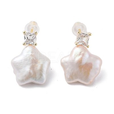 Star Natural Pearl Stud Earrings with Brass Glass and 925 Sterling Silver Pins EJEW-P256-89G-1