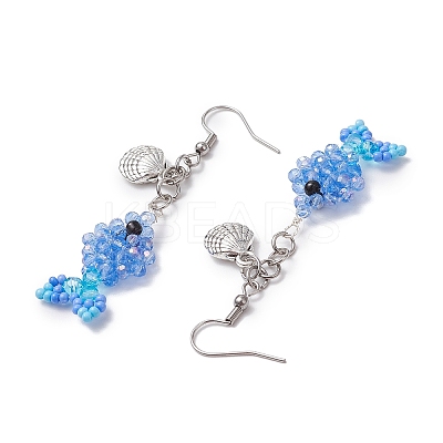 Fish with Shell Shape 304 Stainless Steel Glass Beads Dangle Earrings EJEW-MZ00436-04-1