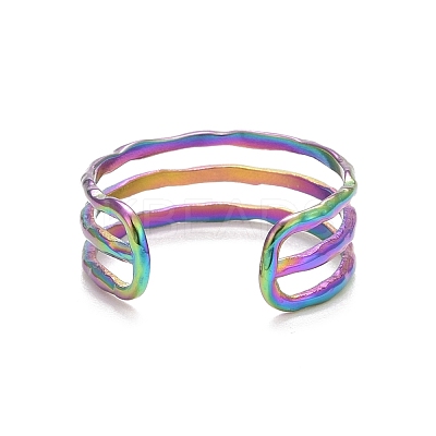 Ion Plating(IP) Rainbow Color 304 Stainless Steel Triple Line Open Cuff Ring for Women RJEW-C025-12M-1