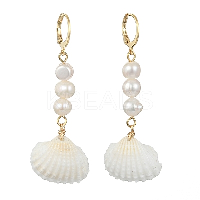 Shell Shape Natural Pearl & Shell Dangle Earrings for Women EJEW-TA00302-1