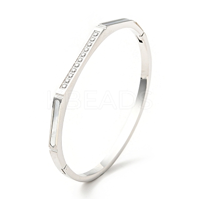 Shell Oval and Cubic Zirconia Hinged Bangle BJEW-G644-01-1