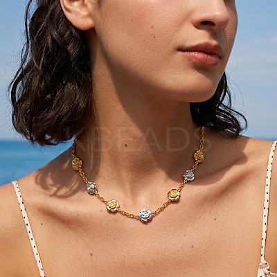 Two Tone 304 Stainless Steel Rose Flower Link Chain Necklaces for Women FS-WGCC2B1-01-1