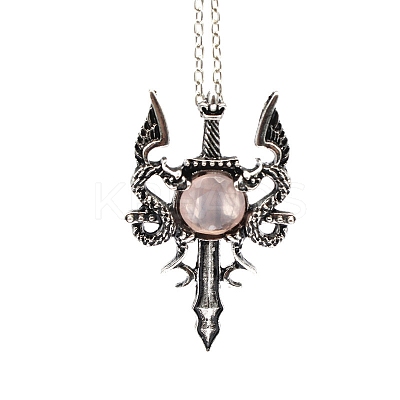 Natural Rose Quartz Dragon Sword Pendant Necklace G-PW0004-67C-1