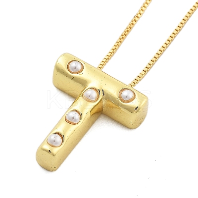 Brass & Plastic Pearl Letter Pendant Box Chain Necklaces for Women NJEW-U017-01G-20-1