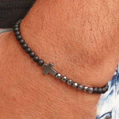 Synthetic Non-magnetic Hematite Cross & Black Stone Round Beaded Stretch Bracelets for Men ZI4844-1