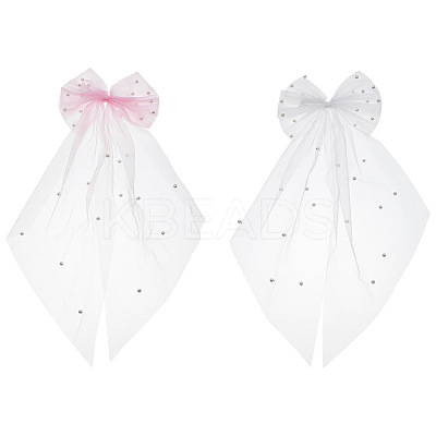 2Pcs 2 Colors Bowknot Long Mesh Tulle Bridal Veils with Hair Barrettes & Imitation Pearl OHAR-GO0001-10-1