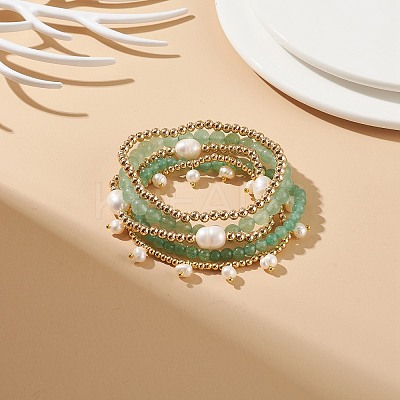 5Pcs 5 Style Natural Green Aventurine & Brass Beaded Stretch Bracelets Set BJEW-JB08870-03-1