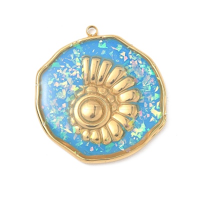304 Stainless Steel Epoxy Resin with Natural Shell and Sequins Inside Pendants STAS-L026-17G-I03-1