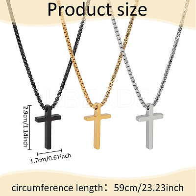 3Pcs 3 Colors Stainless Steel Cross Pendant Necklace with Box Chains NJEW-AN0001-76-1