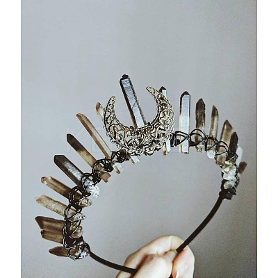 Hollow Moon Metal with Raw Natural Quartz Wrapped Hair Hair Bands PW-WG18A78-01-1