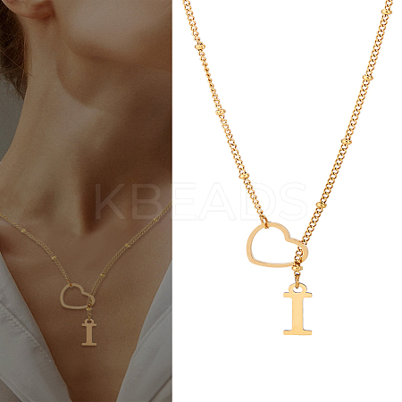 1Pc Letter & Heart Stainless Steel Lariat Necklaces for Women NJEW-LP0002-87G-I-1