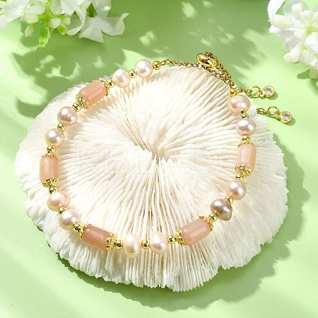 Adjustable Natural Sunstone & Cultured Freshwater Pearls Beads  Slider Bracelets for Women BJEW-JB14030-02-1