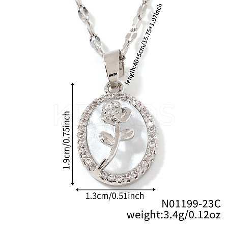 Elegant Brass Clear Cubic Zirconia Rose Oval Pendant Necklaces XA5195-1
