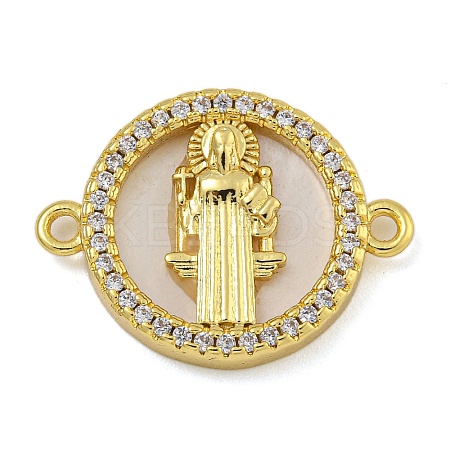 Rack Plating Brass Micro Pave Clear Cubic Zirconia Flat Round Connector Charms KK-I718-47G-03-1