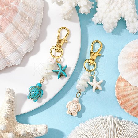 2Pcs Starfish & Sea Turtle Synthetic Turquoise & Natural White Mother of Pearl Shell Chip Pendant Decorations HJEW-JM03169-1