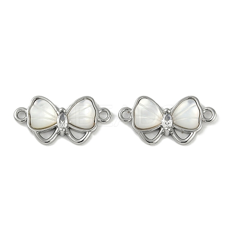 Brass Clear Cubic Zirconia Pave Natural Shell Bowknot Connector Charms KK-P283-06P-1