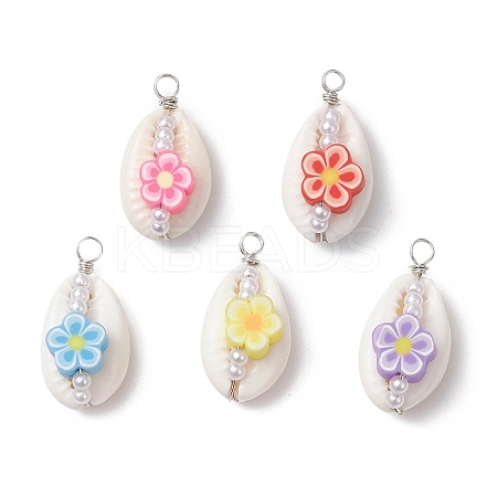 Natural Cowrie Shell & Handmade Polymer Clay Copper Wire Wrapped Pendants PALLOY-JF03818-01-1