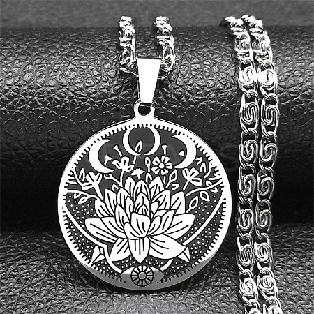201 Stainless Steel Lunar Lotus Talisman Pendant Necklaces NJEW-S007-21P-1
