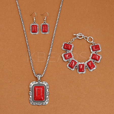 Rectangle Alloy with Synthetic Turquoise Pendant Necklaces & Dangle Earrings & Link Bracelets Sets WGD1135-12-1