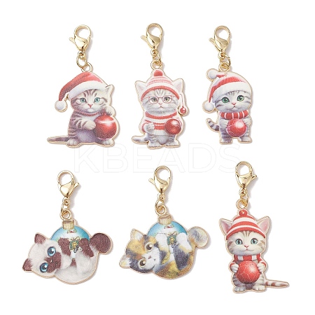 6Pcs 6 Styles Christmas Cat Alloy Enamel Pendant Decorations HJEW-JM02420-1