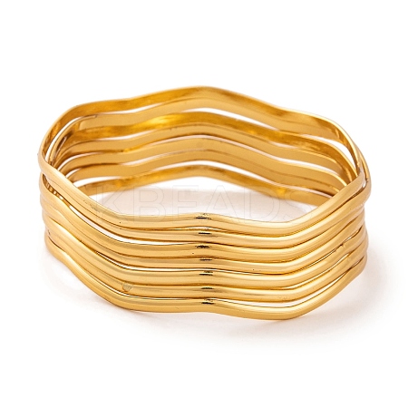 7Pcs PVD Vacuum Plating 304 Stainless Steel Wave Bangles Set for Women BJEW-A011-10A-G-1