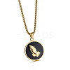 304 Stainless Steel Black Flat Round with Praying Hand Pendant Necklaces for Men FS-WGF55F0-01-1