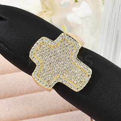 Brass Micro Pave Clear Cubic Zirconia Open Cuff Rings for Women LS-RJEW-R011-03G-01-1