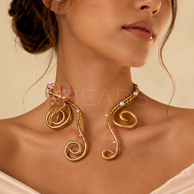 Adjustable Alloy & Resin Flower Spiral Cuff Choker Necklaces with Imitation Pearl WGC7B88-01-1