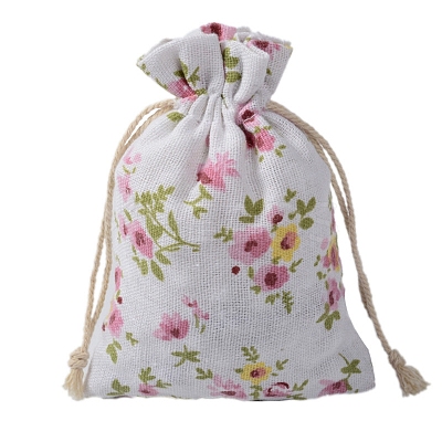 Printed Cotton Imitation Burlap Packing Pouches Drawstring Bags PW-WG7B662-02-1