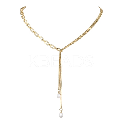 Natural Pearl Round Tassel Brass Twisted Chain Cable Chain Lariat Necklaces NJEW-JN05843-1
