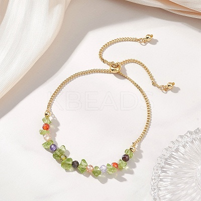 Natural Peridot Chip & Cubic Zirconia Bead Slider Bracelets for Women BJEW-JB13284-1
