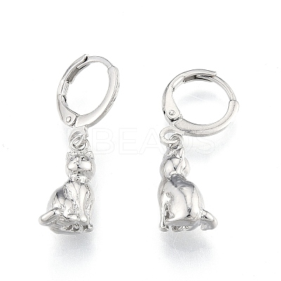 Brass Cat Dangle Leverback Earrings for Women EJEW-N012-105P-1
