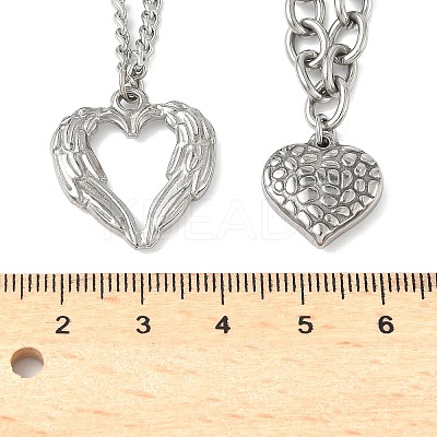 2Pcs 304 Stainless Steel Wing Heart Pendant Double Layer Necklaces for Women NJEW-U044-01P-1