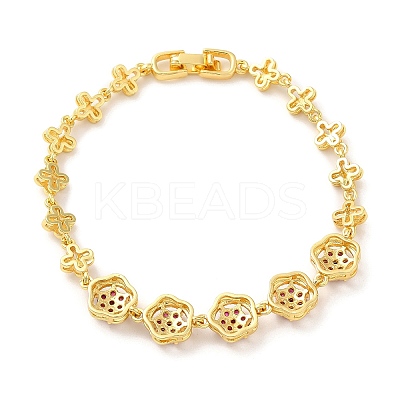 Medium Violet Red Cubic Zirconia Flower Link Bracelet BJEW-M296-03G-1