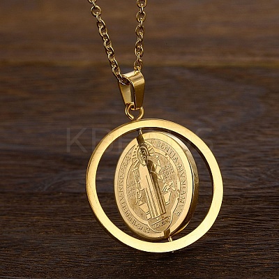 304 Stainless Steel Rotatable Saint Benedict Medal Pendant Necklaces for Women NJEW-G187-01G-1