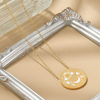 304 Stainless Steel Clear Cubic Zirconia Moon Phase Flat Round Pendant Necklaces NJEW-R018-03G-1