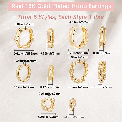 5 Pairs 5 Style Rack Plating Round Brass Hoop Earrings for Women EJEW-BBC0001-98-1