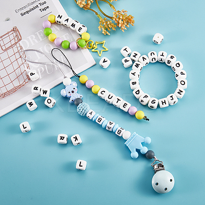 20Pcs White Cube Letter Silicone Beads 12x12x12mm Square Dice Alphabet Beads with 2mm Hole Spacer Loose Letter Beads for Bracelet Necklace Jewelry Making JX432V-1