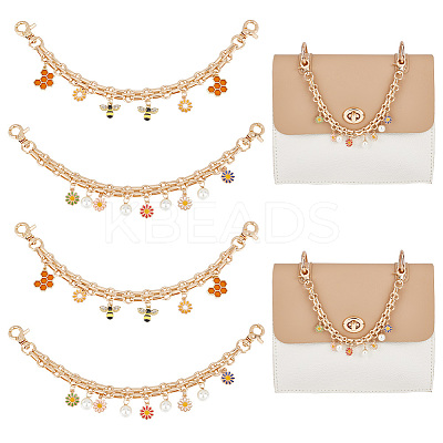 Daisy/Bee Alloy Enamel & ABS Plastic Imitation Pearl Pendant Decorative Purse Chains AJEW-AB00121-1