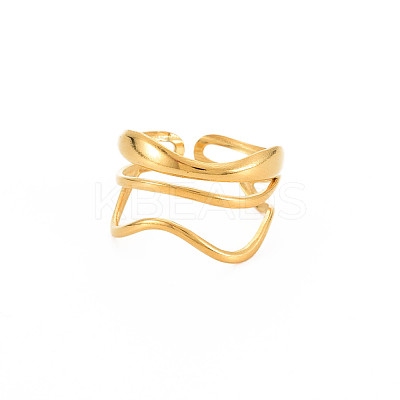 Ion Plating(IP) 304 Stainless Steel Wave Wrap Open Cuff Ring for Women RJEW-S405-236G-1