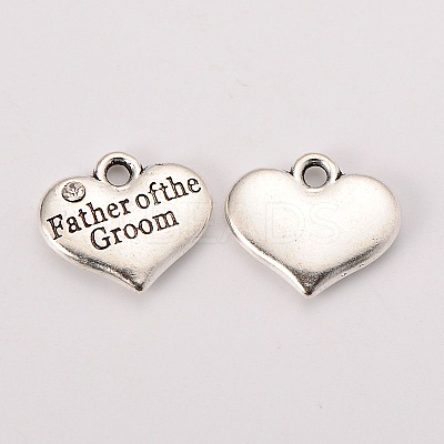 Wedding Theme Antique Silver Tone Tibetan Style Heart with Father of the Groom Rhinestone Charms TIBEP-N005-13D-1