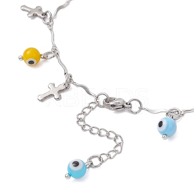 Handmade Evil Eye Lampwork & 304 Stainless Steel Cross Tassel Bar Link Chain Anklets for Women AJEW-AN00741-01-1