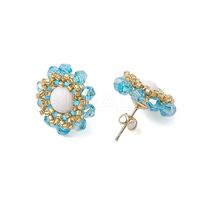 Flower Glass Seed Beaded with Natural Mashan Jade Stud Earrings for Women EJEW-MZ00208-01-1