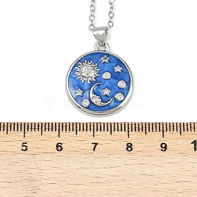 Brass Micro Pave Clear Cubic Zirconia with Blue Enamel Flat Round Pendant Necklaces LS-NJEW-Z088-03P-01-1