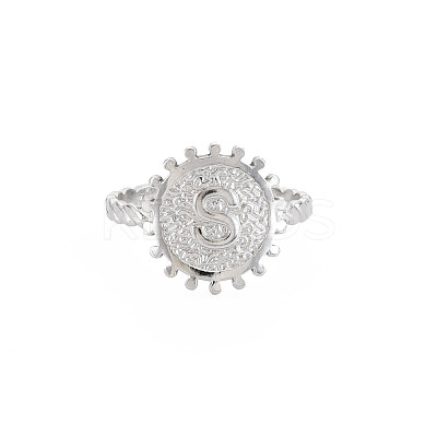 Non-Tarnish 304 Stainless Steel Flat Round with Initial Letter Open Cuff Ring for Men Women RJEW-S405-246P-S-1