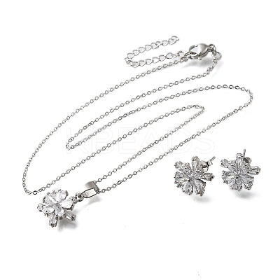 Flower Brass Micro Pave Clear Cubic Zirconia Stud Earrings & Pendant Necklaces Sets SJEW-Z002-04P-1
